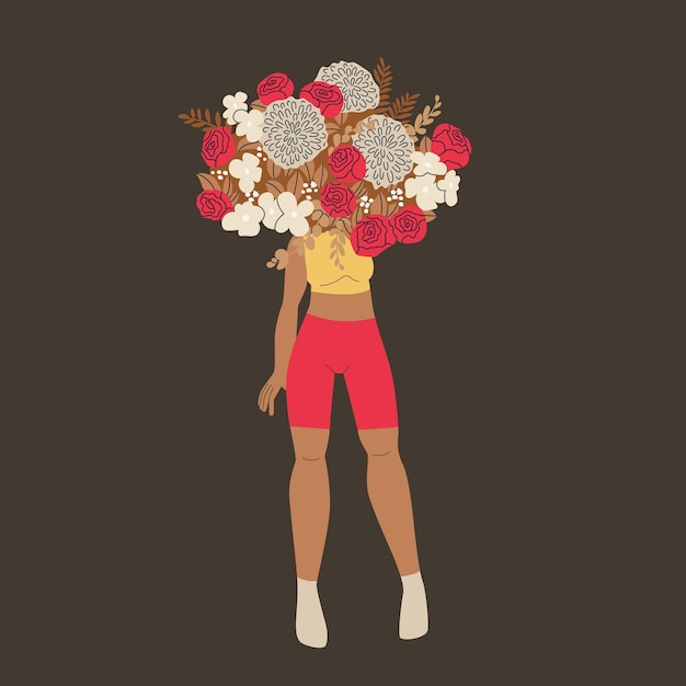 Vector een mooie slanke vrouwelijke figuur in een badpak of ondergoed met een enorm boeket bloemen op haar schouders of op haar hoofd vector geïsoleerde illustratie voor ontwerp