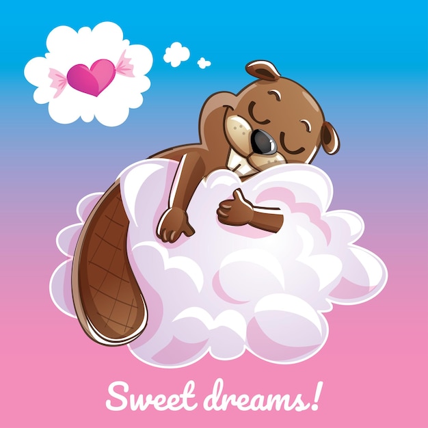 Een mooie wenskaart met een handgetekende bever die op de wolk slaapt en een voorbeeldtekst zoete dromen, illustratie