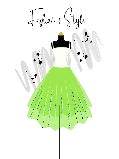 Een mooie witte en groene jurk op de mode-illustratie van de mannequin