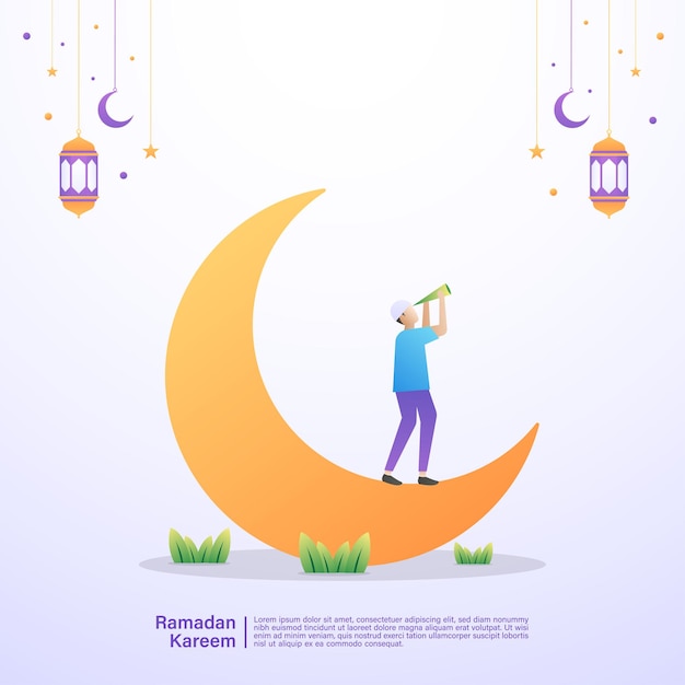 Een moslim kijkt naar de maan, wachtend op iftar-tijd. Illustratie concept van ramadan kareem