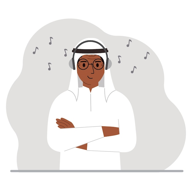Een moslim man in koptelefoon luistert naar muziek Podcast en hobby concept Karakter voor decorontwerp en print Platte vectorillustratie