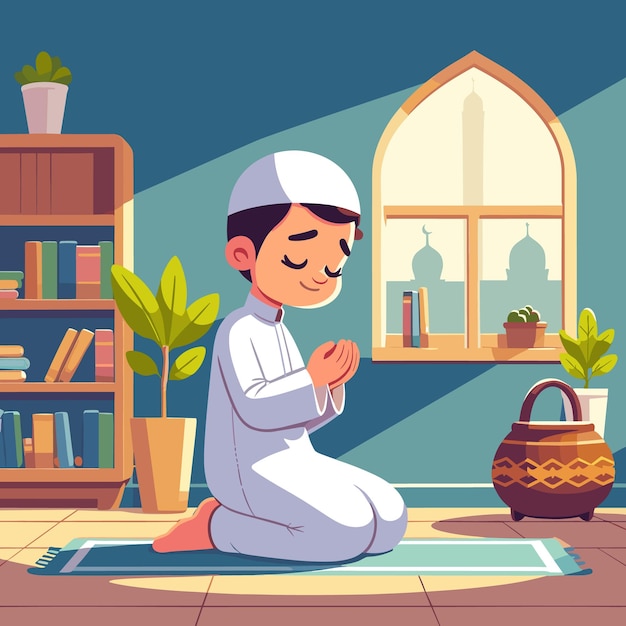 Een moslimman bidt 's morgens Salat Dhuha op een gebedsmat in zijn kamer