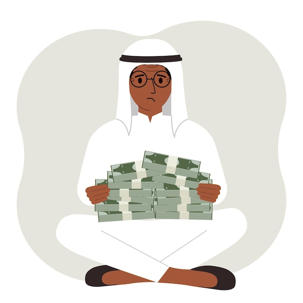 Een moslimman houdt bundels contant geld of bankbiljetten in zijn handen Succesvolle zakelijke en financiële conceptillustratie in vlakke stijl