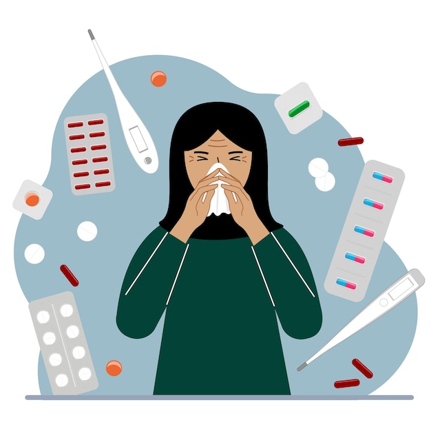 Een moslimvrouw bedekt zijn neus met zijn handen met een zakdoek Het concept van een koude persoon seizoensgebonden allergieën Veel medicijnen en thermometers