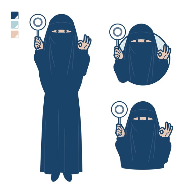 Een moslimvrouw die een niqab draagt met afbeeldingen uit een cirkelpaneel