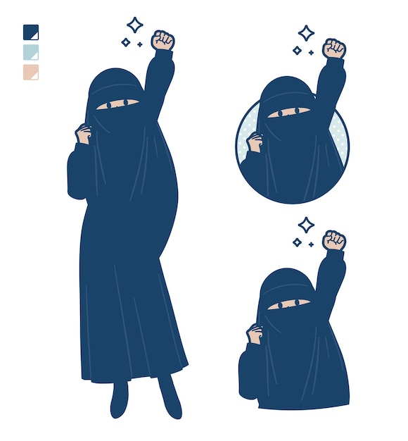 Een moslimvrouw die een niqab draagt met afbeeldingen van een vuistpomp