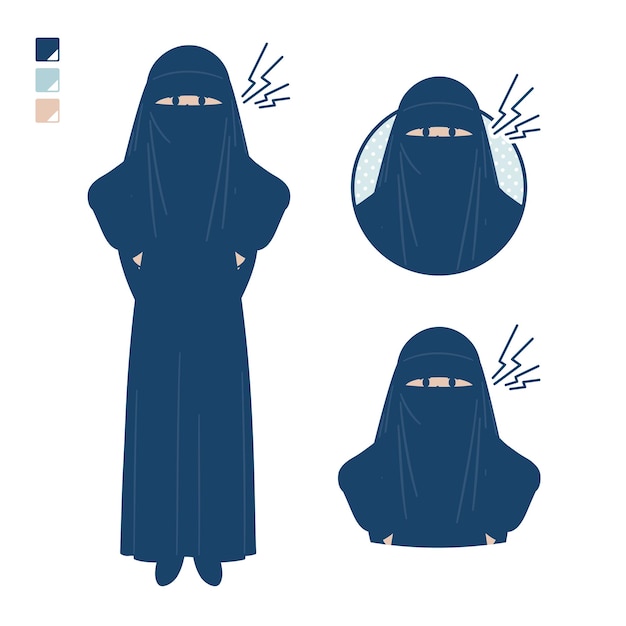 Een moslimvrouw die een niqab draagt met afbeeldingen van woede