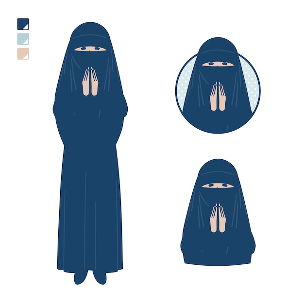 Vector een moslimvrouw die een niqab draagt met pershanden in gebedsbeelden