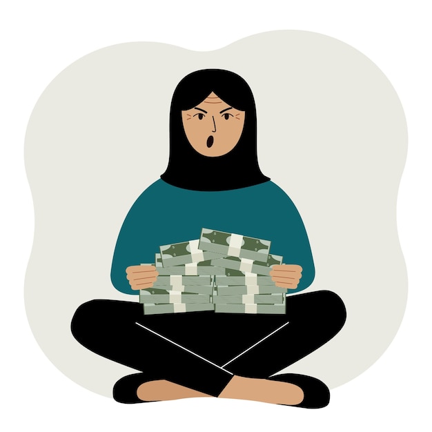 Een moslimvrouw houdt bundels contant geld of bankbiljetten in zijn handen succesvolle zakelijke en financiële conceptillustratie in vlakke stijl