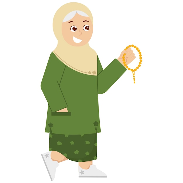 Een moslimvrouw in een groene jurk houdt een gouden tasbih-illustratie vast