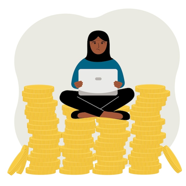 Een moslimvrouw zit op een stapel gouden munten en gebruikt een laptop Een moslimvrouw werkt in een stapel munten Platte vectorillustratie