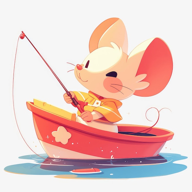 Een muis die een speelgoedboot in een pond cartoon stijl stuurt