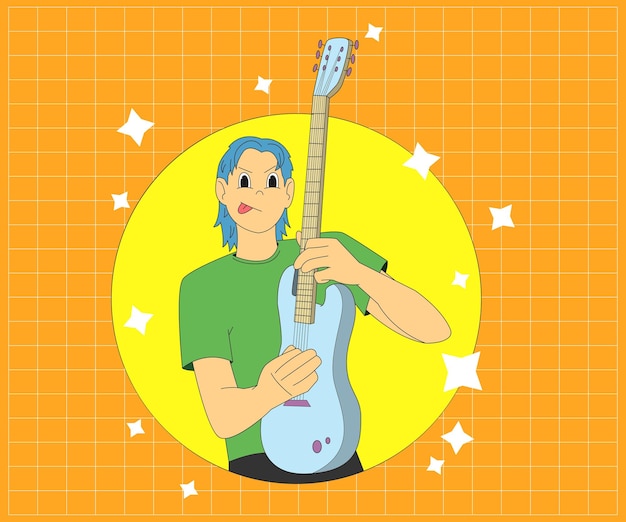 Een muzikant die gitaar speelt cartoon illustratie plat ontwerp