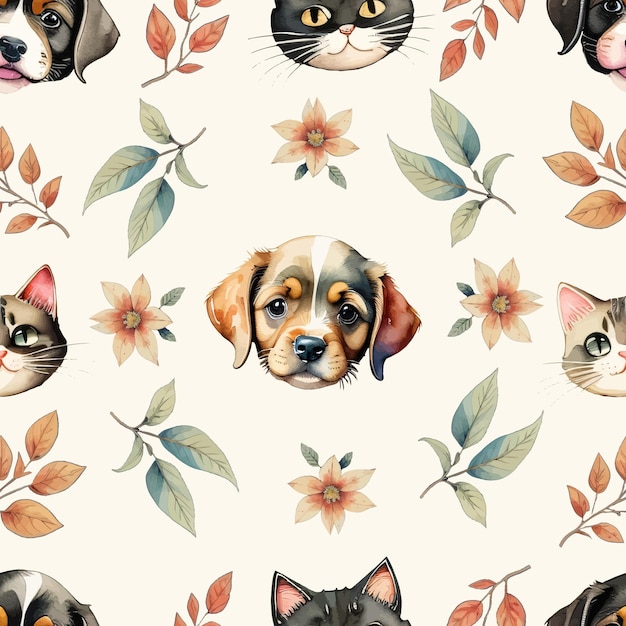Vector een naadloos aquarelpatroon met kittens, katten en puppyhonden en bloemenbladeren