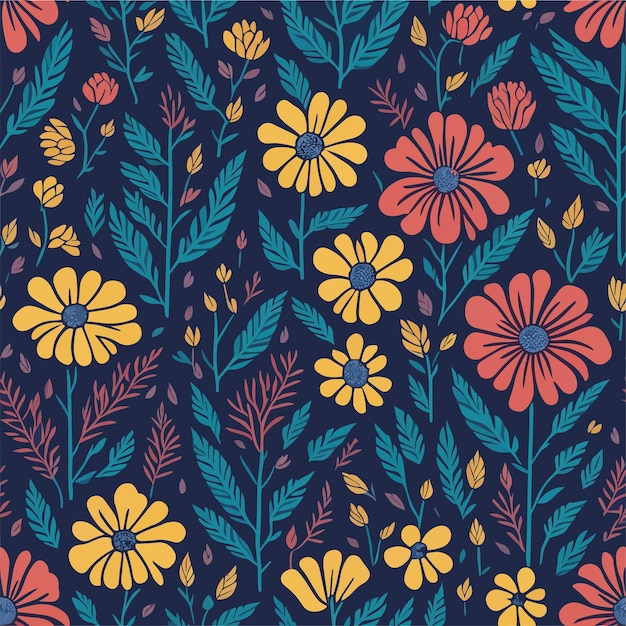 Een naadloos patroon met kleurrijke bloemen op een donkere achtergrond.