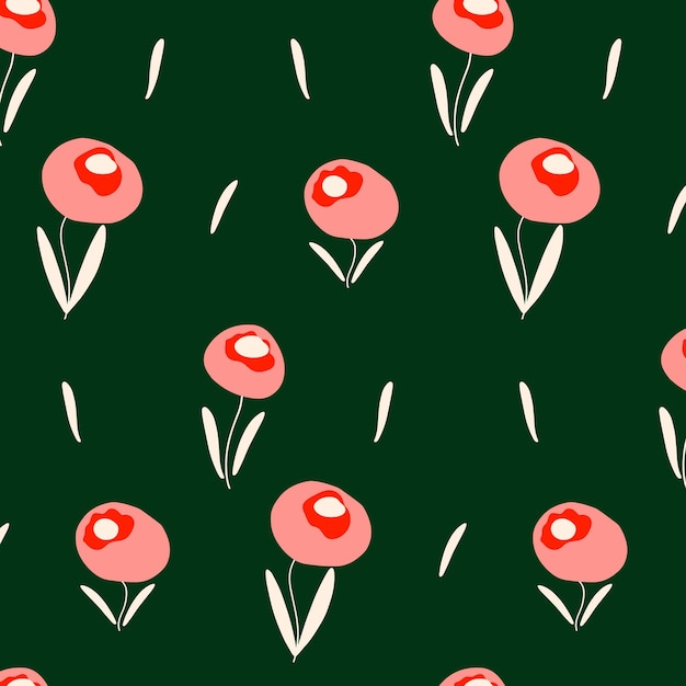 Een naadloos patroon van rode bloemen met witte stengels en een rode cirkel in het midden.