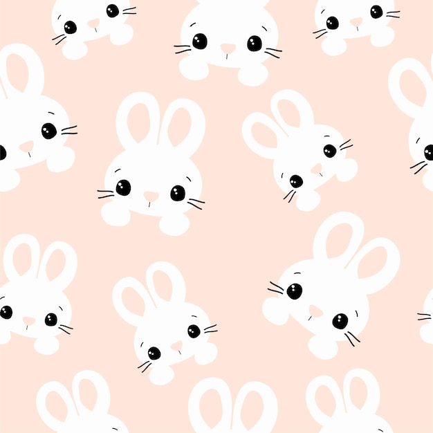 Vector een naadloos patroon van witte konijntjesgezichten op een roze achtergrond.