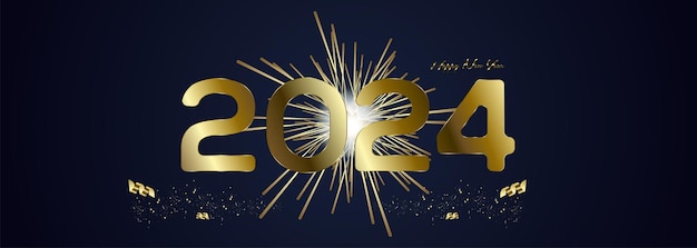 Een nieuwe jaar 2024 vieringen banner met gouden groeten poster geïsoleerd op zwarte achtergrond