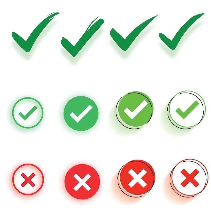 Vector een nieuwe set checkmark-iconen groene tick en rode kruischeck-iconen platte lijn
