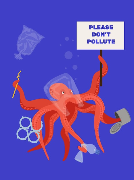 Een octopus met een paraplu in zijn hand is afgesloten van plastic flessen en tassen. Laten we dieren redden