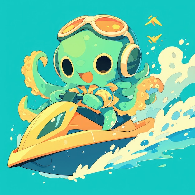 Een octopus rijdt op een jet ski in cartoon stijl