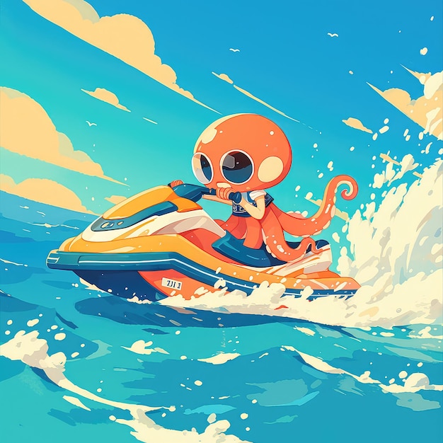 Een octopus rijdt op een jet ski in cartoon stijl