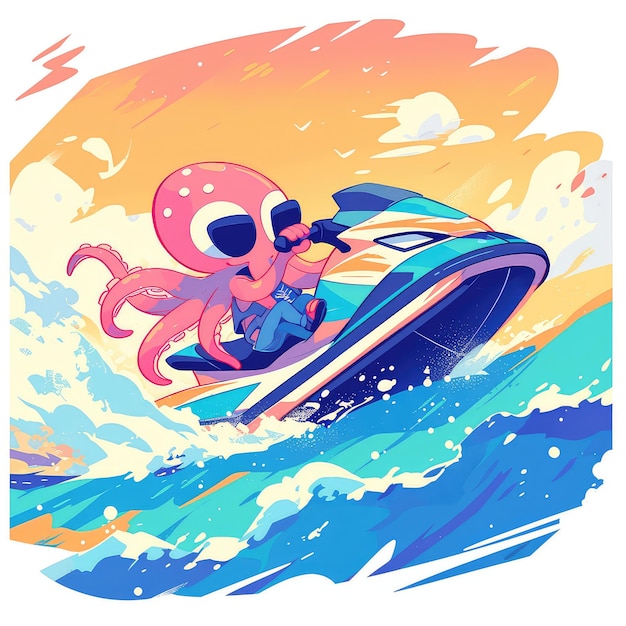 Een octopus rijdt op een jet ski in cartoon stijl