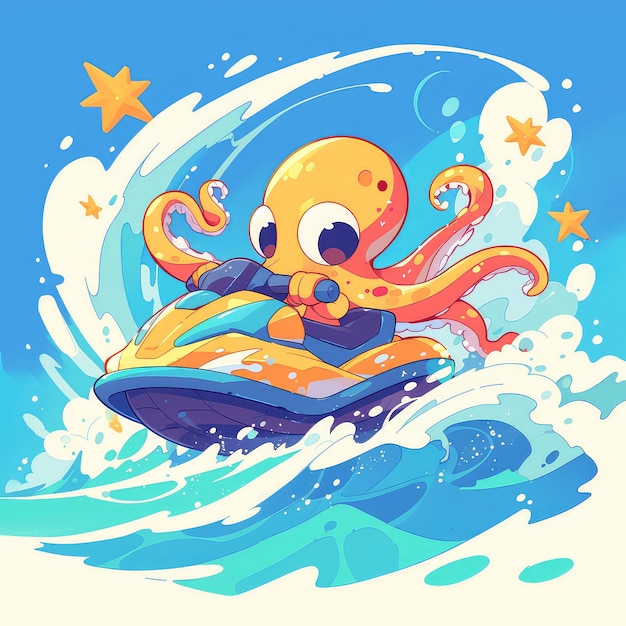 Een octopus rijdt op een jet ski in cartoon stijl