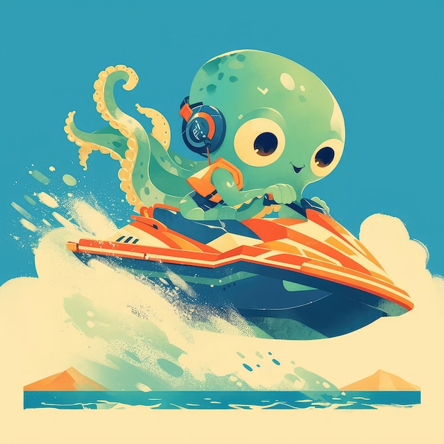 Een octopus rijdt op een jet ski in cartoon stijl