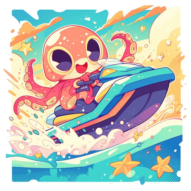 Een octopus rijdt op een jet ski in cartoon stijl