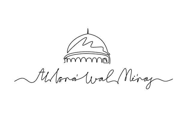 Een ononderbroken enkele regel van de moskeekoepel met het woord isra wal miraj geïsoleerd op een witte achtergrond