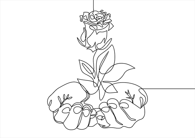 Een ononderbroken lijn van twee handen met een roos. Dunne lijn illustratie vector concept.
