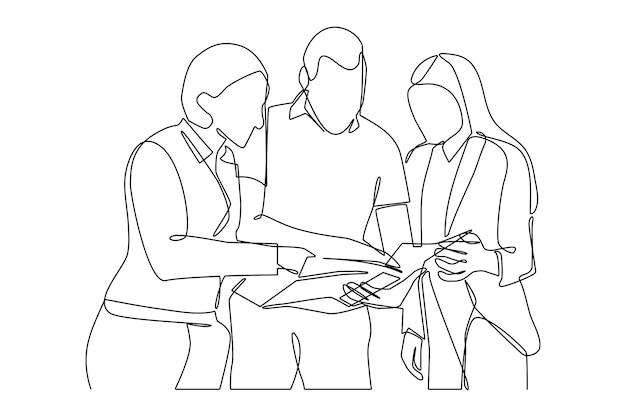 Een ononderbroken lijntekening van de discussie van mensen voor een gevonden oplossing Teamwork minimalistisch concept Probleemoplossend bedrijfsconcept Teamwork vector grafische ontwerp illustratie