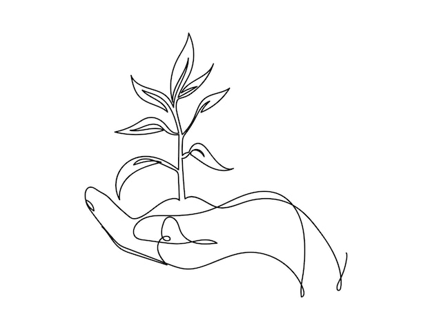 Vector een ononderbroken lijntekening van een hand die een plant vasthoudt