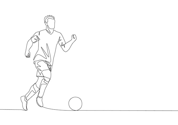 Een ononderbroken lijntekening van een jonge, energieke voetbalspeler die de bal dribbelt