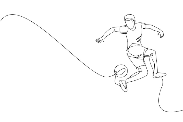 Vector een ononderbroken lijntekening van een jonge sportieve man freestyler voetbalspeler jongleren met de bal met de hiel