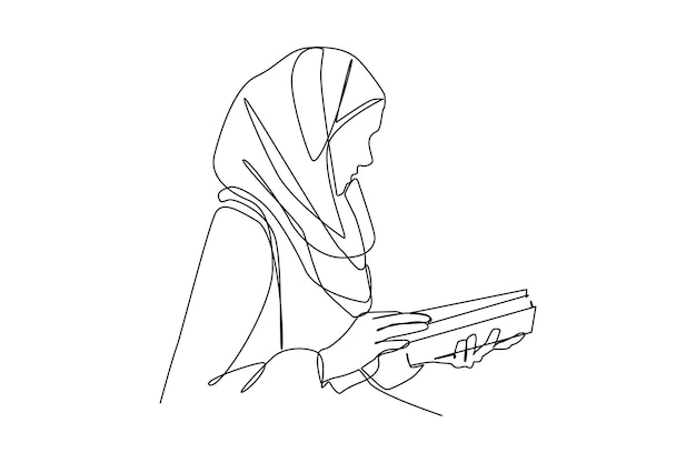 Een ononderbroken lijntekening van een meisje dat de Koran leest Meisje activiteit in Ramadhan Ramadhan activiteit minimalistisch concept Ramadhan vector grafisch ontwerp illustratie