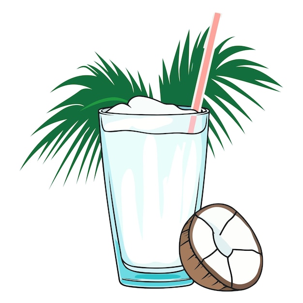 Vector een op vectoren gebaseerd icoon van een kokoswatercocktail met een eenvoudige omtrek met een kokosnoothalf