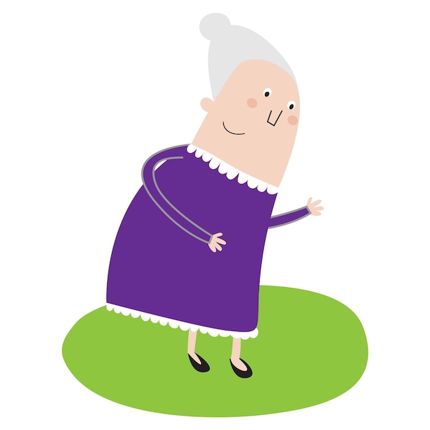Een oude dame in paarse jurk staat op een groen grasveld.