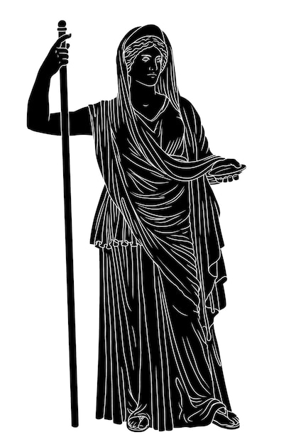 Vector een oude griekse jonge vrouw in een tuniek staat en houdt een staf en een schotel vast