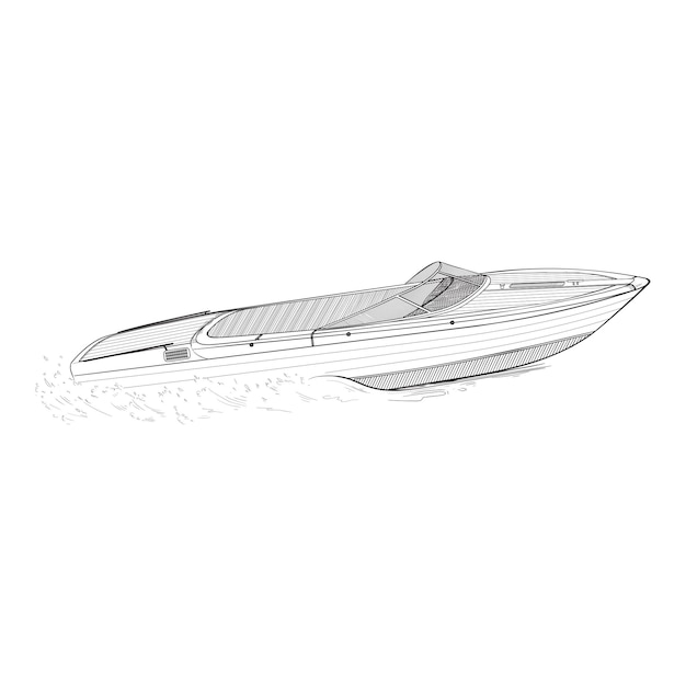 Een oude houten boot met hoge snelheid beweegt snel door het water Bewegende bootpictogram Schets