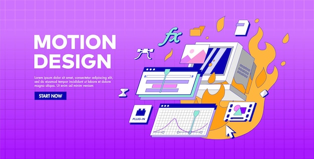 Vector een oude langzame computer haalt geen complex programma voor motion design computer verbrand in brand