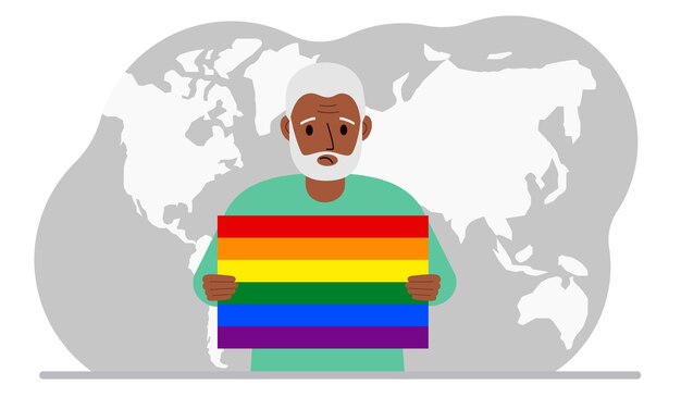 Een oude man houdt een lgbt-vlag in zijn handen tegen de achtergrond van een wereldkaart