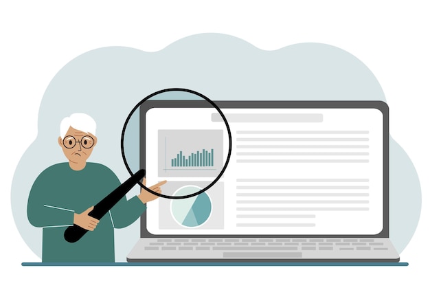 Een oude man toont een rapport een presentatie op een laptop met een vergrootglas vectorillustratie financiële bedrijfsanalyse audit planning concept