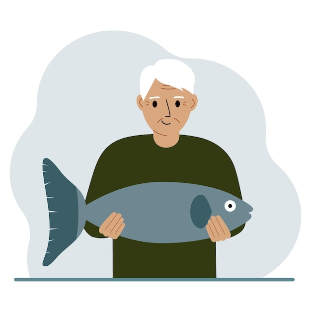 Vector een oude mannelijke visser houdt een grote vis vast die trots is op goed vissen of jagen hobbyvisserijconcept