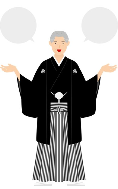 Vector een oudere man in kimono met een hakama met kuif spreek met open armen met een tekstballon