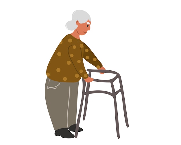 Een oudere vrouw of oma loopt met een rollator. Problemen met het verplaatsen van ouderen.