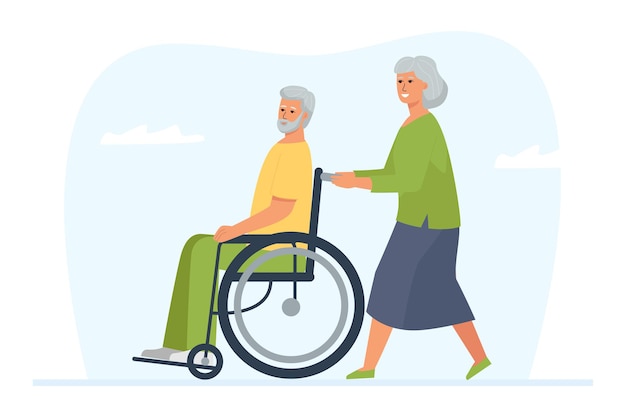 Een oudere vrouw rolt haar gehandicapte echtgenoot in een rolstoel. Een wandeling en een tijdverdrijf van een volwassen stel.