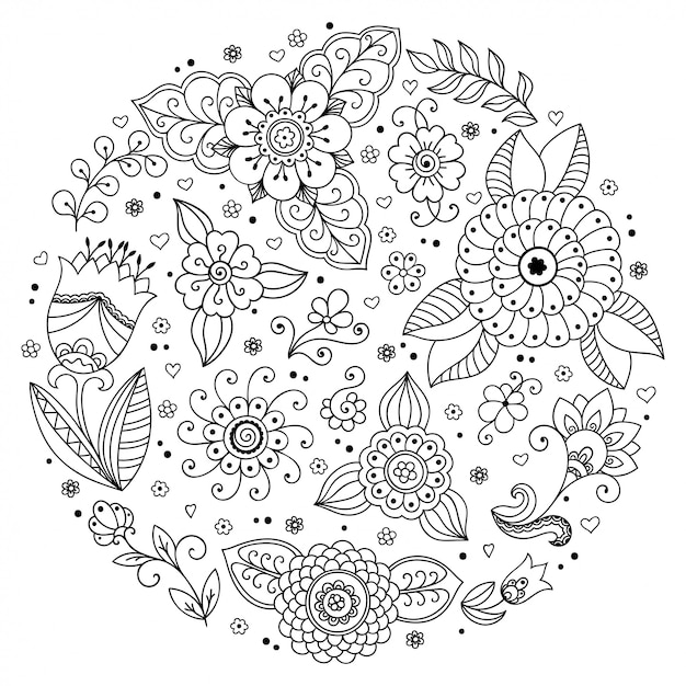 Vector een overzicht van rond bloemenpatroon in mehndi-stijl voor het kleuren van de fotoboekpagina. doodle ornament in zwart-wit. hand tekenen.