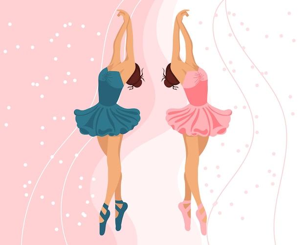 Een paar dansende ballerina's in jurken en pointe-schoenen op een abstracte achtergrond. Illustratie
